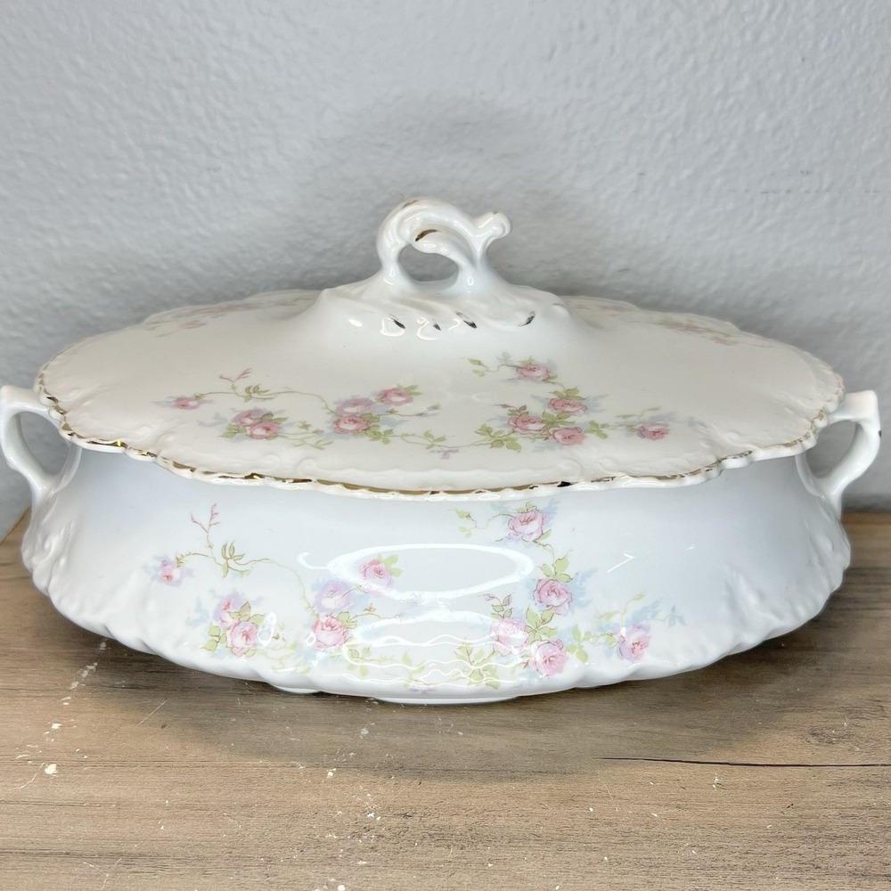 Antique 1910's Homer Laughlin Hudson H240‎ Porcelain Tureen Dish Roses Gold Trim
